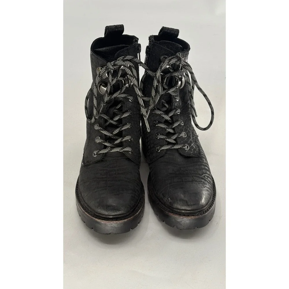 Frye Boots Combat‎ Julie Hook Crocodile Embossed Women 5.5 Black Leather Lace Up